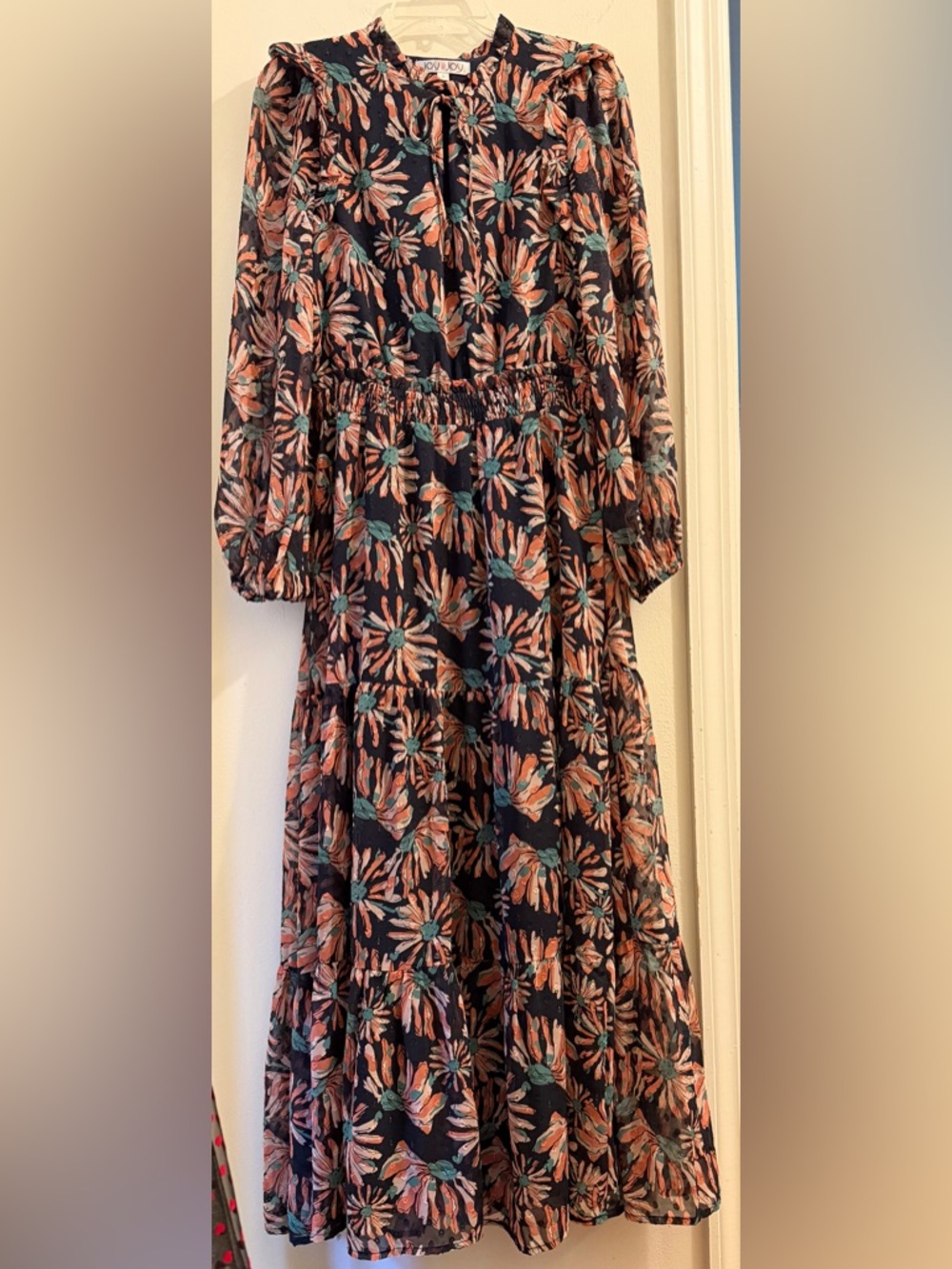 Joy Joy Black Maxi Boho-Chic Dress with Peach and Teal Floral Print